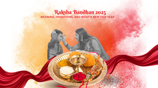 A Sister tying Rakhi to her brother in monochrome against a colourful background and in the forground of the image is a pooja thali with diya, roli chawal, sweets and a rakhi