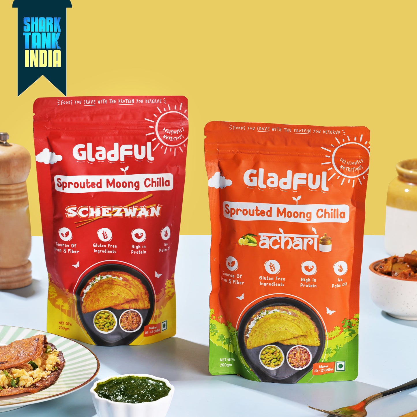 Gladful Sprouted Moong Dal Chilla - Achari and Schezwan - Pack of 2*200gms