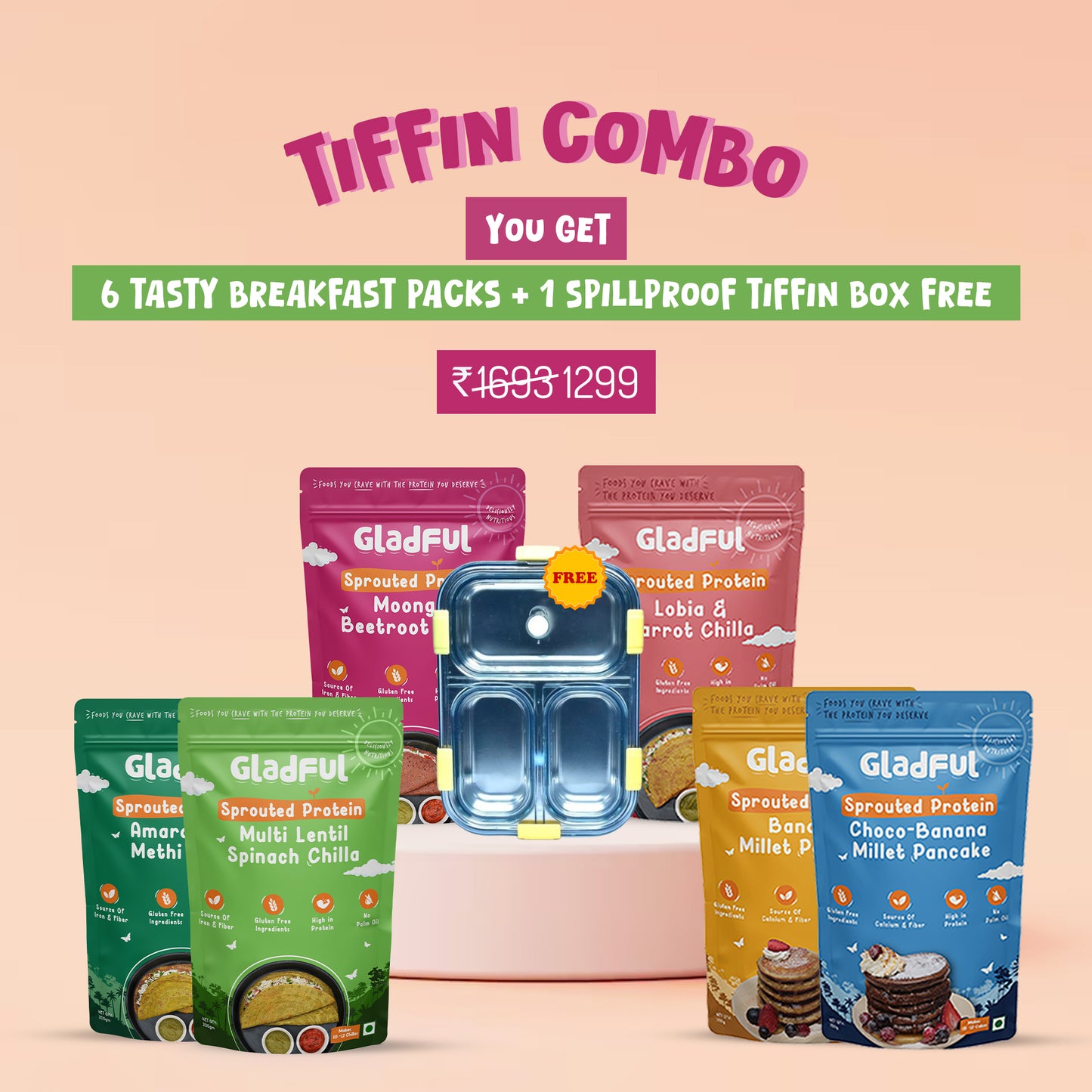 Gladful Bestseller Tiffin Combo - 6 Packs + 1 Spill-proof Premium Steel Tiffin worth ₹799