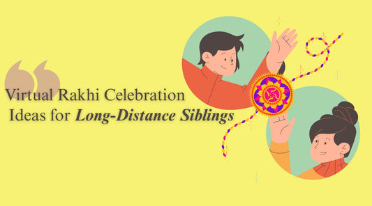 sister and brother illustration with a rakhi in between symbolising long distance rakhi celebration