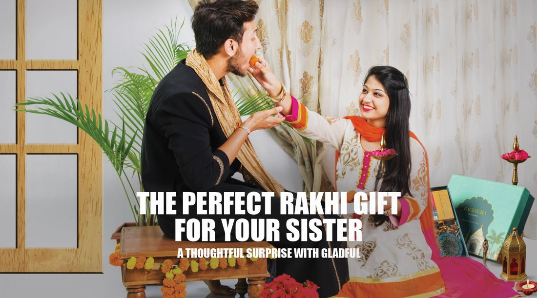 A brother and sister duo celebrating the Raksha Bandhan, an auspicious festival for Indians. The sister is offereing sweets to her brother. The set up is bright and vibrant with a gift box in beside the sister.