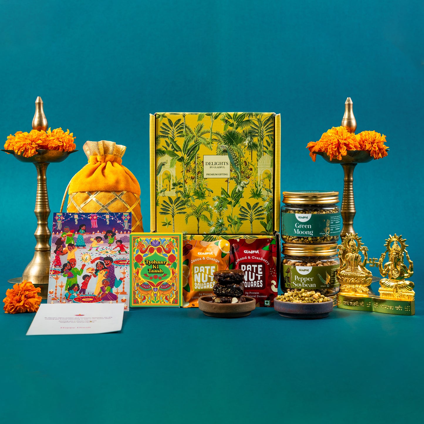 Diwali Gift Hamper Assorted Namkeens and Chocolates in Delights by Gladful Yellow Box - 8 Products