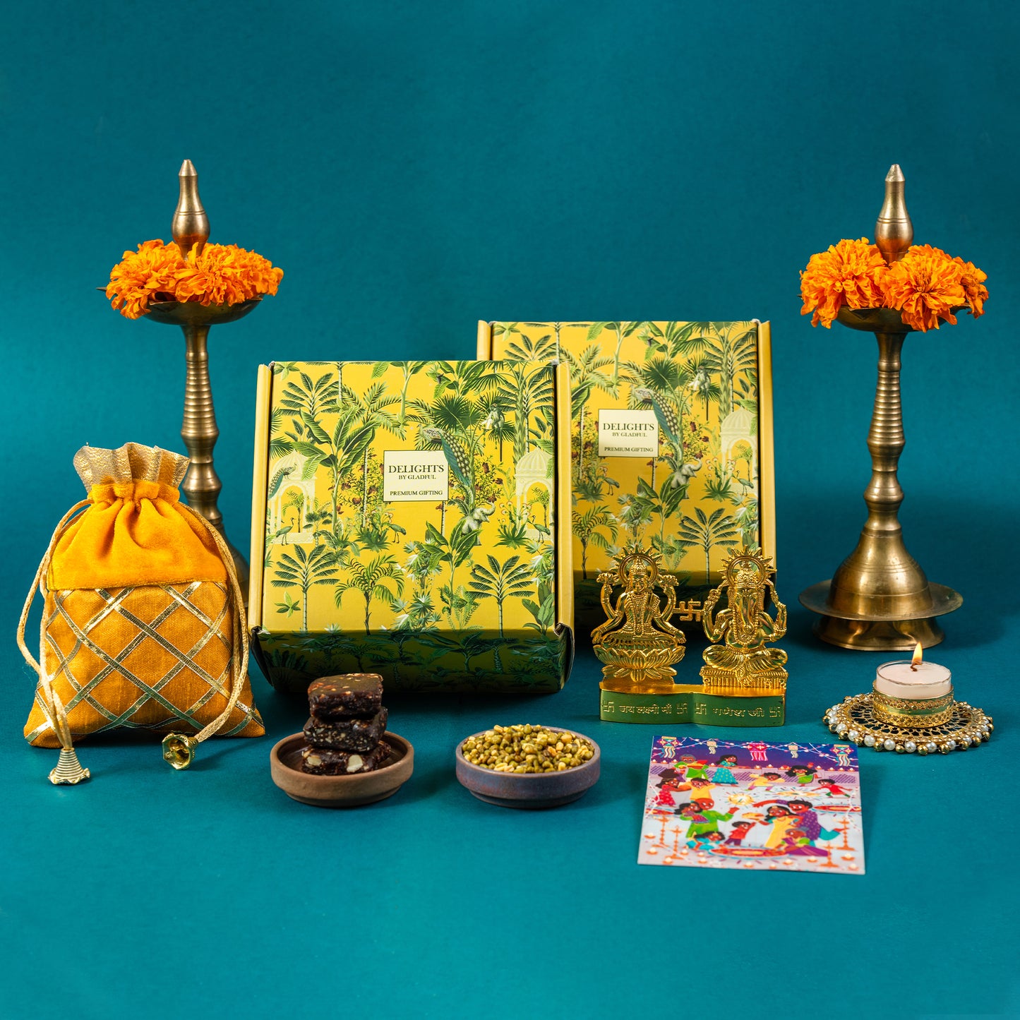 Diwali Gift Hamper Assorted Namkeens and Chocolates in Delights by Gladful Yellow Box - 8 Products