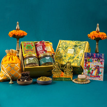 Diwali Gift Hamper Assorted Namkeens and Chocolates in Delights by Gladful Yellow Box - 8 Products