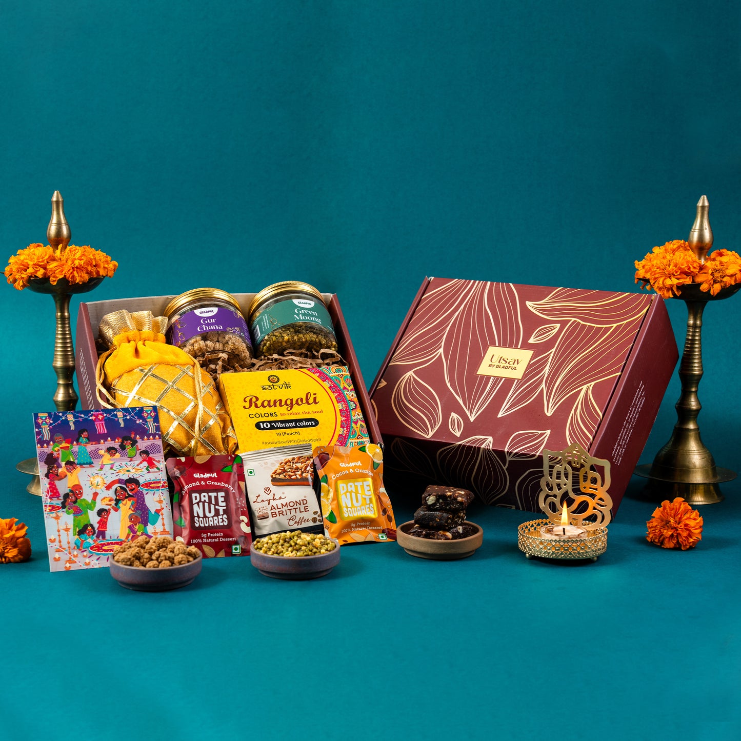 Diwali Rangoli Special Gift Hamper in Utsav by Gladful Maroon Box - 9 Products