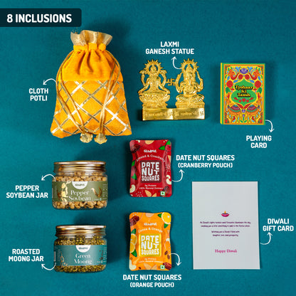 Diwali Gift Hamper Assorted Namkeens and Chocolates in Delights by Gladful Yellow Box - 8 Products