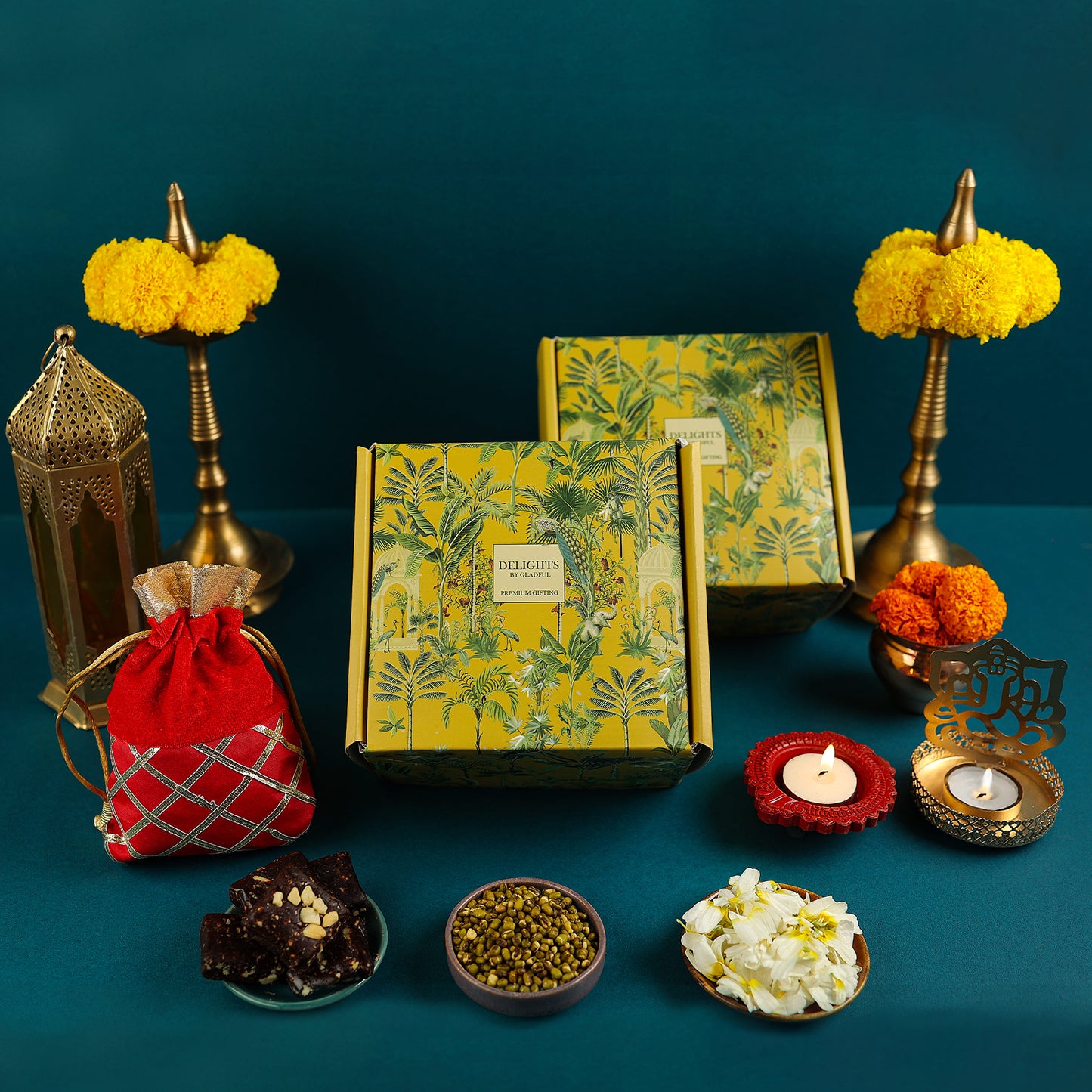 Diwali Delights Gift in Delights by Gladful Yellow Box - 10 Products