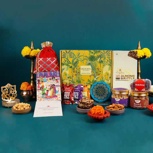 Happy Diwali Gift Box for Premium Gifting in Delights by Gladful Yellow Box - 11 Products