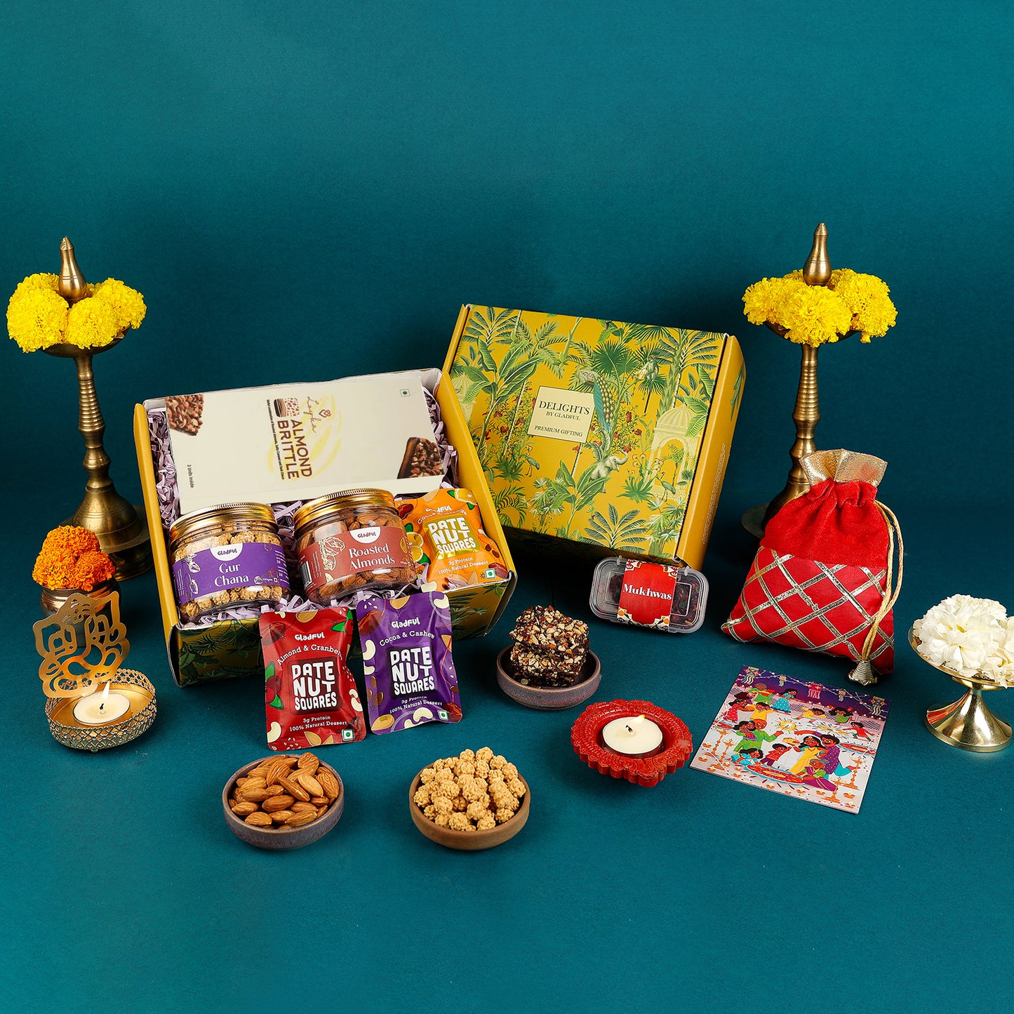 Happy Diwali Gift Box for Premium Gifting in Delights by Gladful Yellow Box - 10 Products