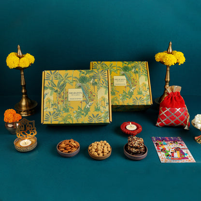 Happy Diwali Gift Box for Premium Gifting in Delights by Gladful Yellow Box - 10 Products