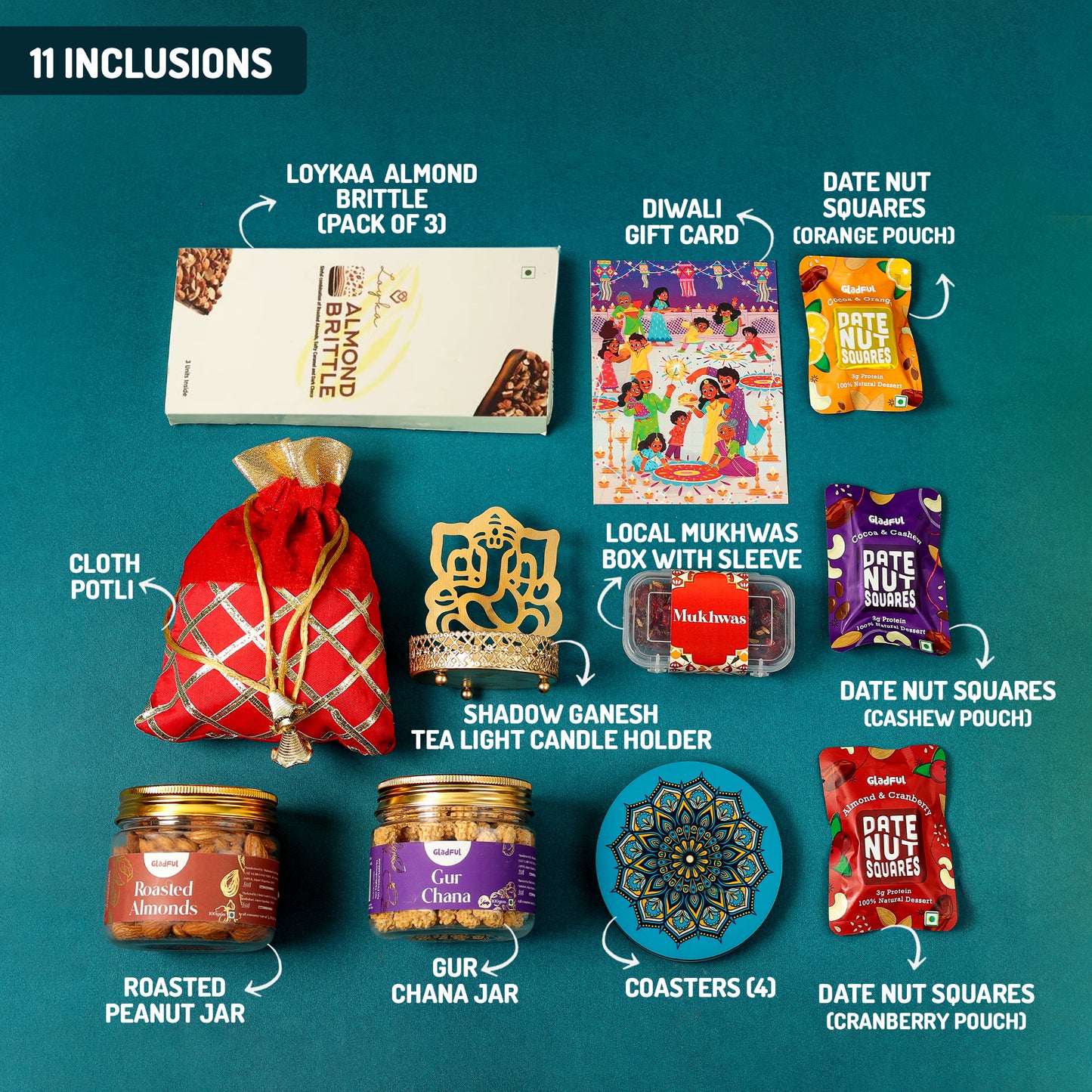 Happy Diwali Gift Box for Premium Gifting in Delights by Gladful Yellow Box - 10 Products