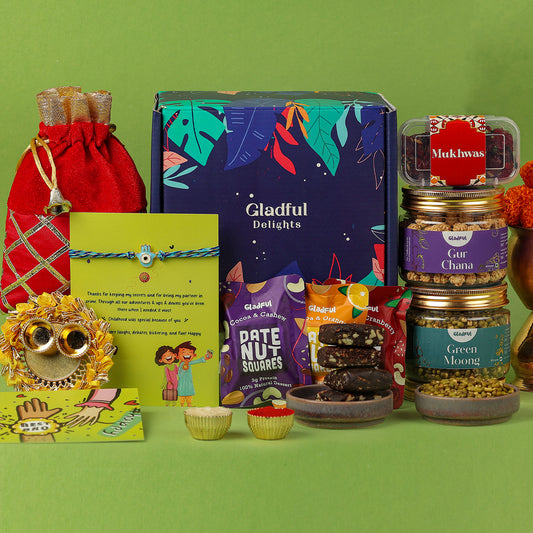 Rakhi Goodies Gift Hamper in Gladful Delights Blue Box - 10 Products