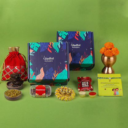 Rakhi Goodies Gift Hamper in Gladful Delights Blue Box - 10 Products