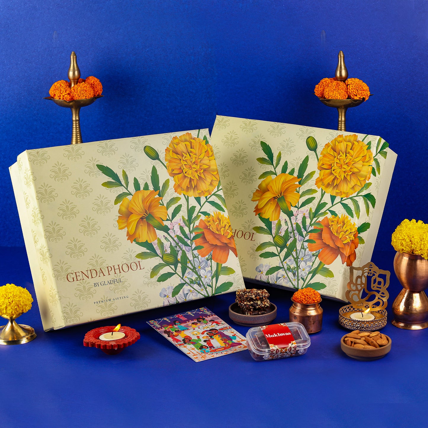 Royal Diwali Gift Hamper in Genda Phool by Gladful Box - 10 Products