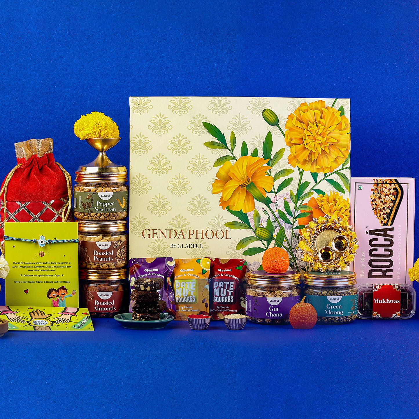 Sweet Rakhi Treasures Gift in Genda Phool by Gladful Box - 15 Products