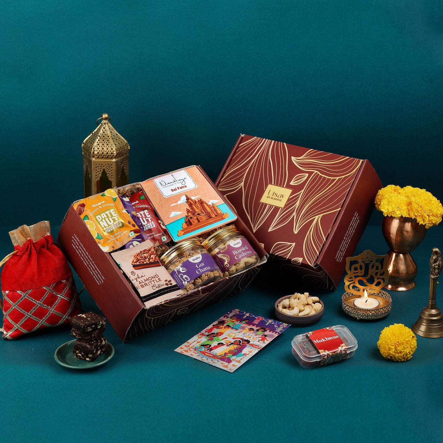 Traditional Diwali Gift in Utsav by Gladful Maroon Box - 10 Products