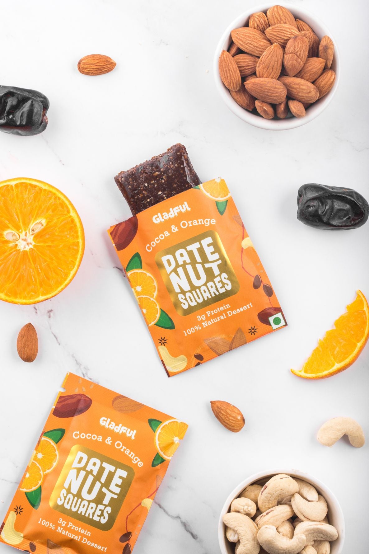 Date Nut Square Cashew and Orange (Pack of 2) : 8 Bars Each