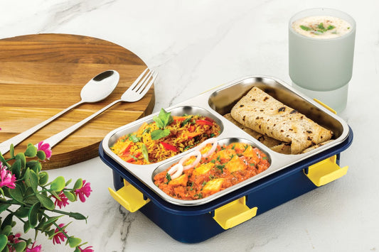 Multi-Compartment Stainless Steel Tiffin Box with Thermal Insulation and Integrated Cutlery