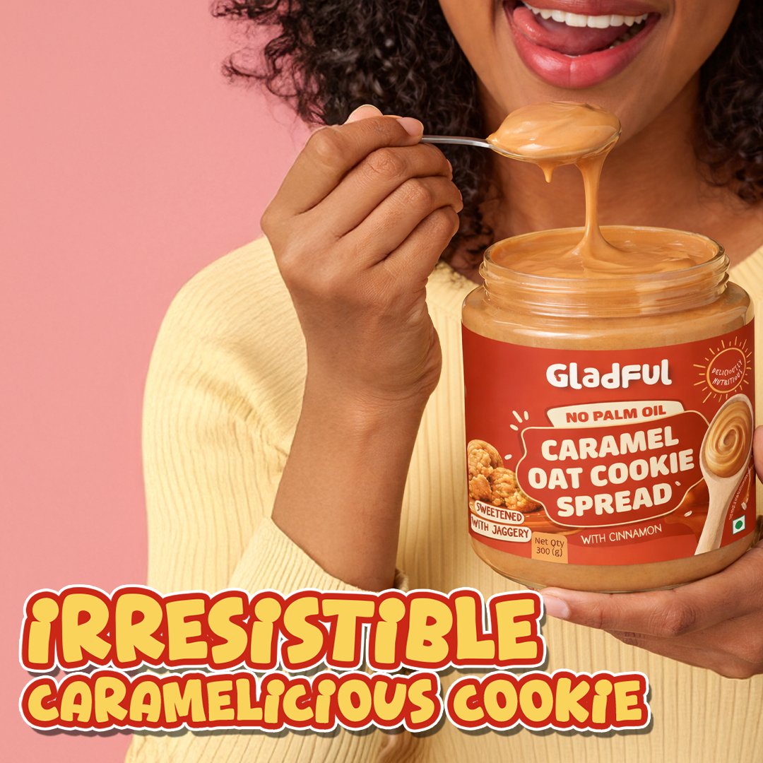 Creamy caramel oat cookie spread enjoyed by woman with rich cookie flavor
