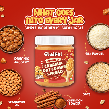 Caramel oat cookie spread made with oats jaggery cinnamon milk powder and almonds