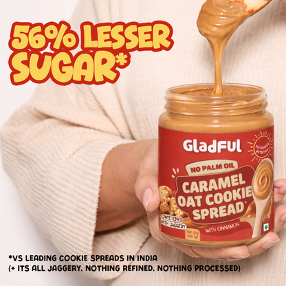 Caramel oat cookie spread with lower added sugar sweetened with jaggery