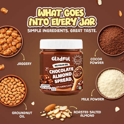 Chocolate almond spread made with clean ingredients, jaggery, almonds, cocoa and milk powder