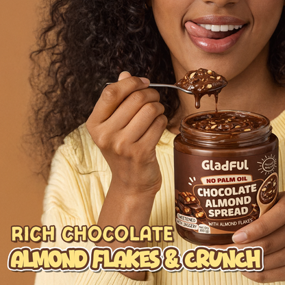 Rich chocolate almond spread with almond flakes and crunchy texture enjoyed by adult