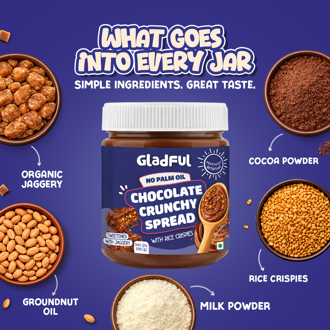 Chocolate crunchy spread made with clean ingredients, cocoa, rice crispies and jaggery