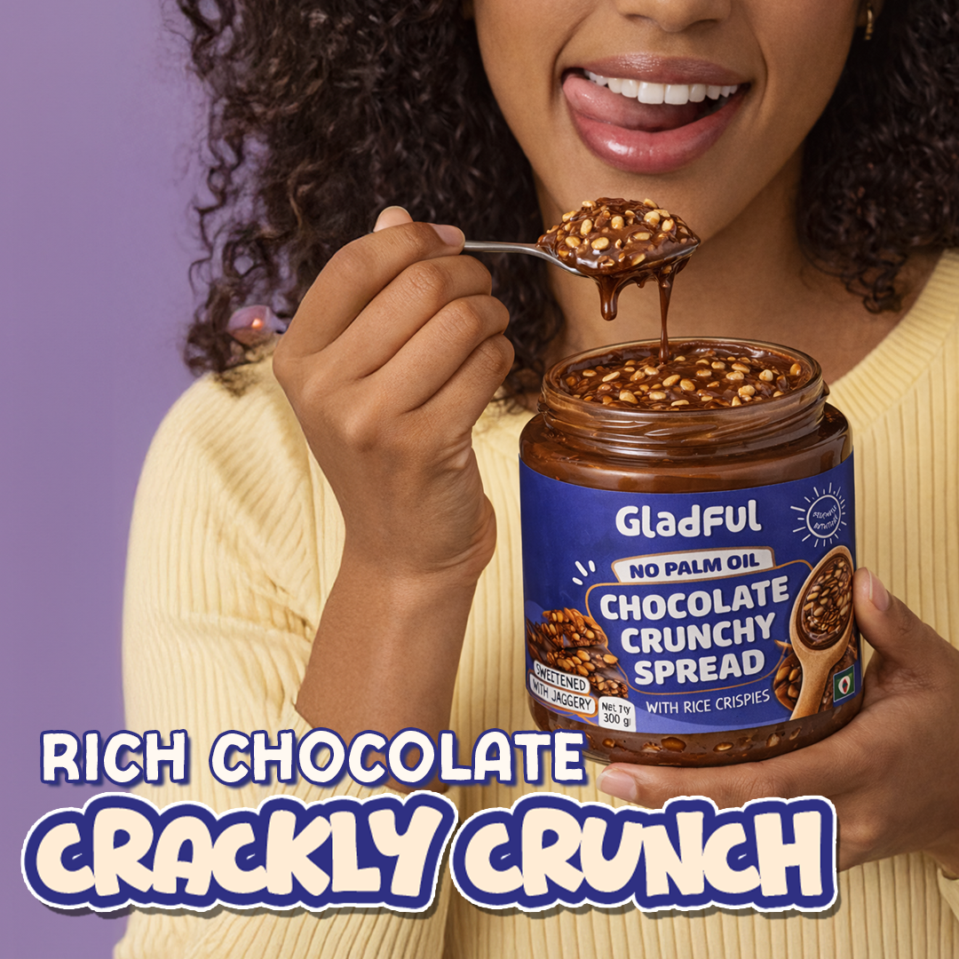 Crunchy chocolate spread with rice crispies enjoyed by adult with spoonful rich chocolate taste