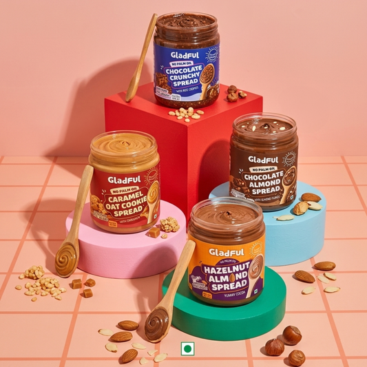 Gladful spread combo pack of 4 including hazelnut almond chocolate almond chocolate crunchy and caramel oat cookie spreads z