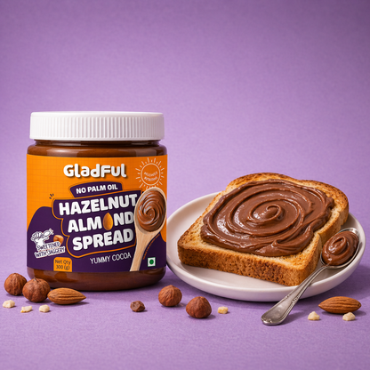 Hazelnut almond chocolate spread on toast for family breakfast, rich and healthy spread