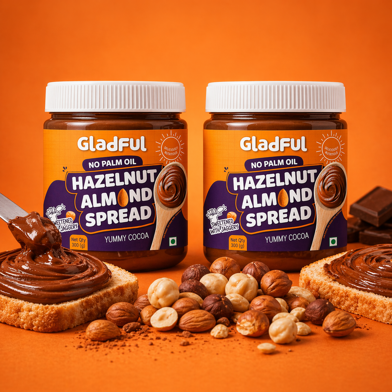 Hazelnut almond chocolate spread on toast for family breakfast, rich and healthy spread